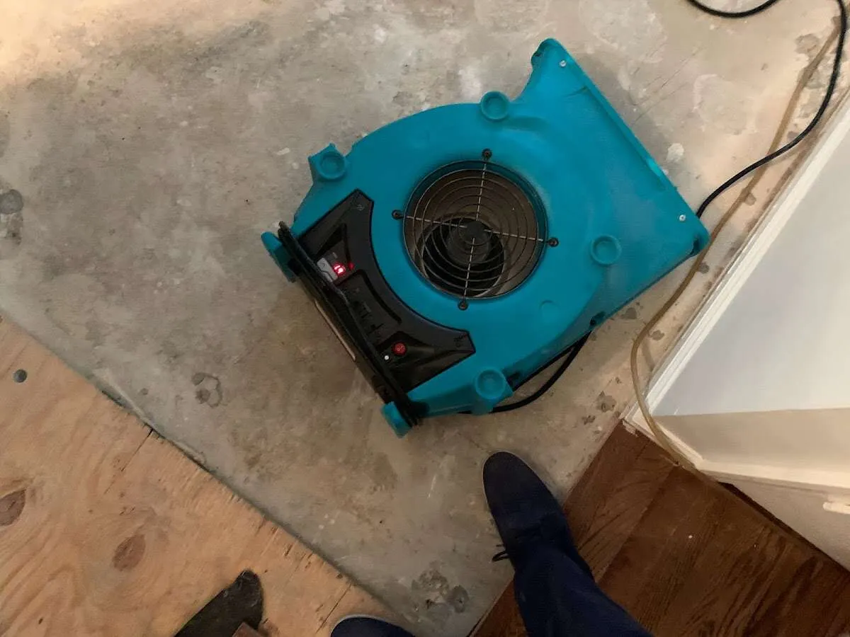 Air mover drying subfloor during Commercial Water Damage Restoration in Marvin